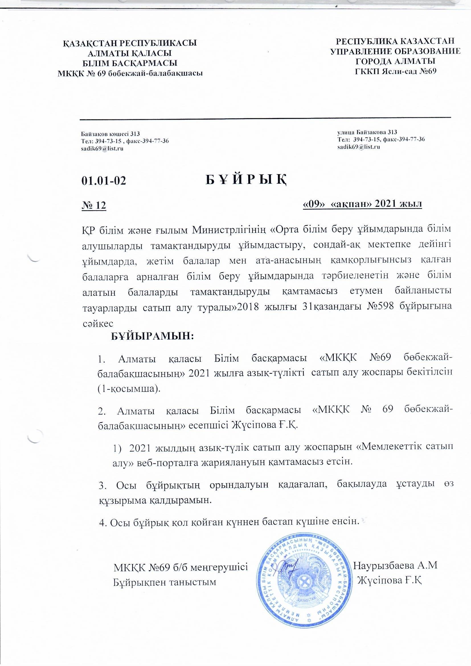 План приобретения продуктов питания на 2021 год