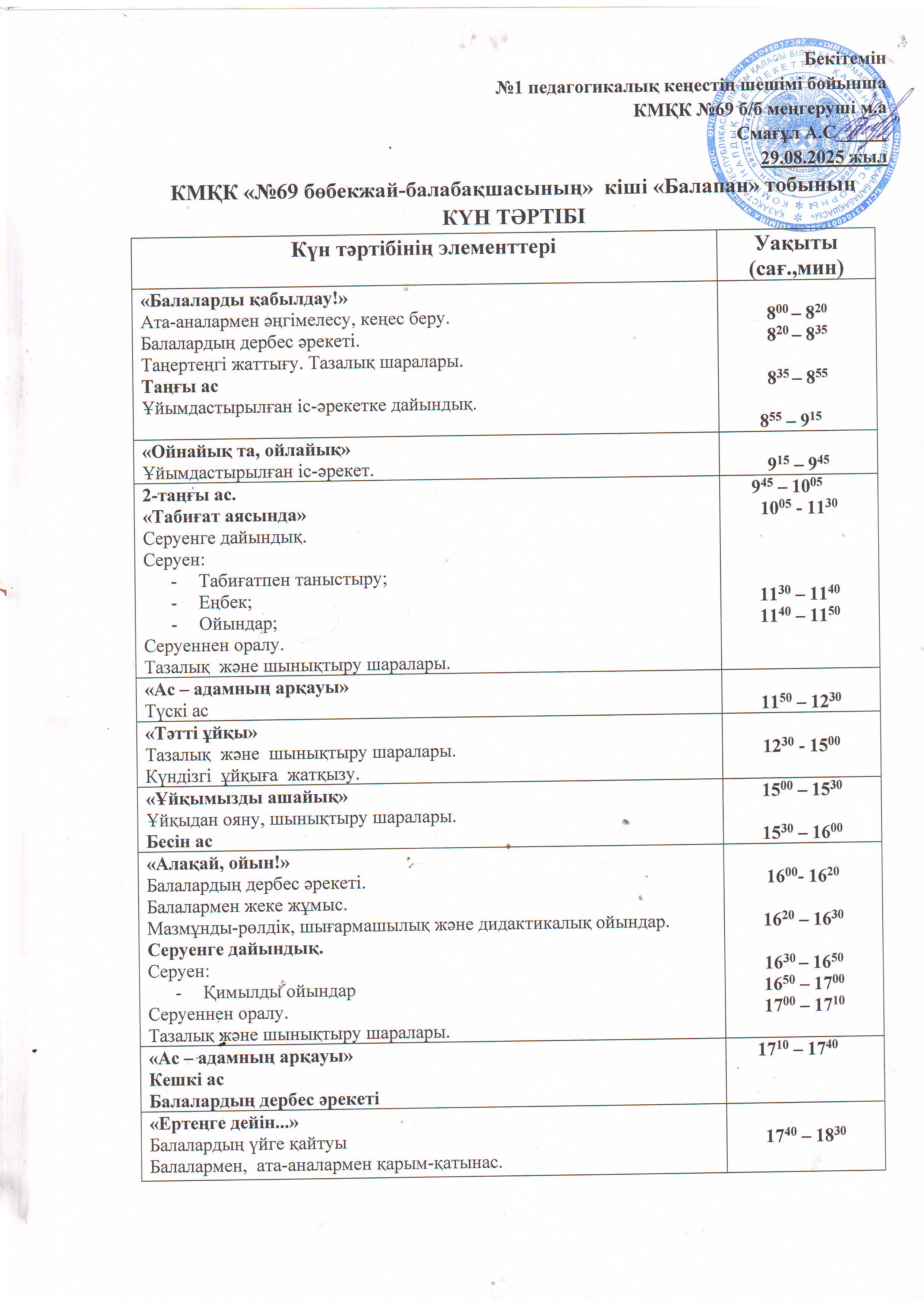 Күн тәртібі 2025-2026 оқу жылы